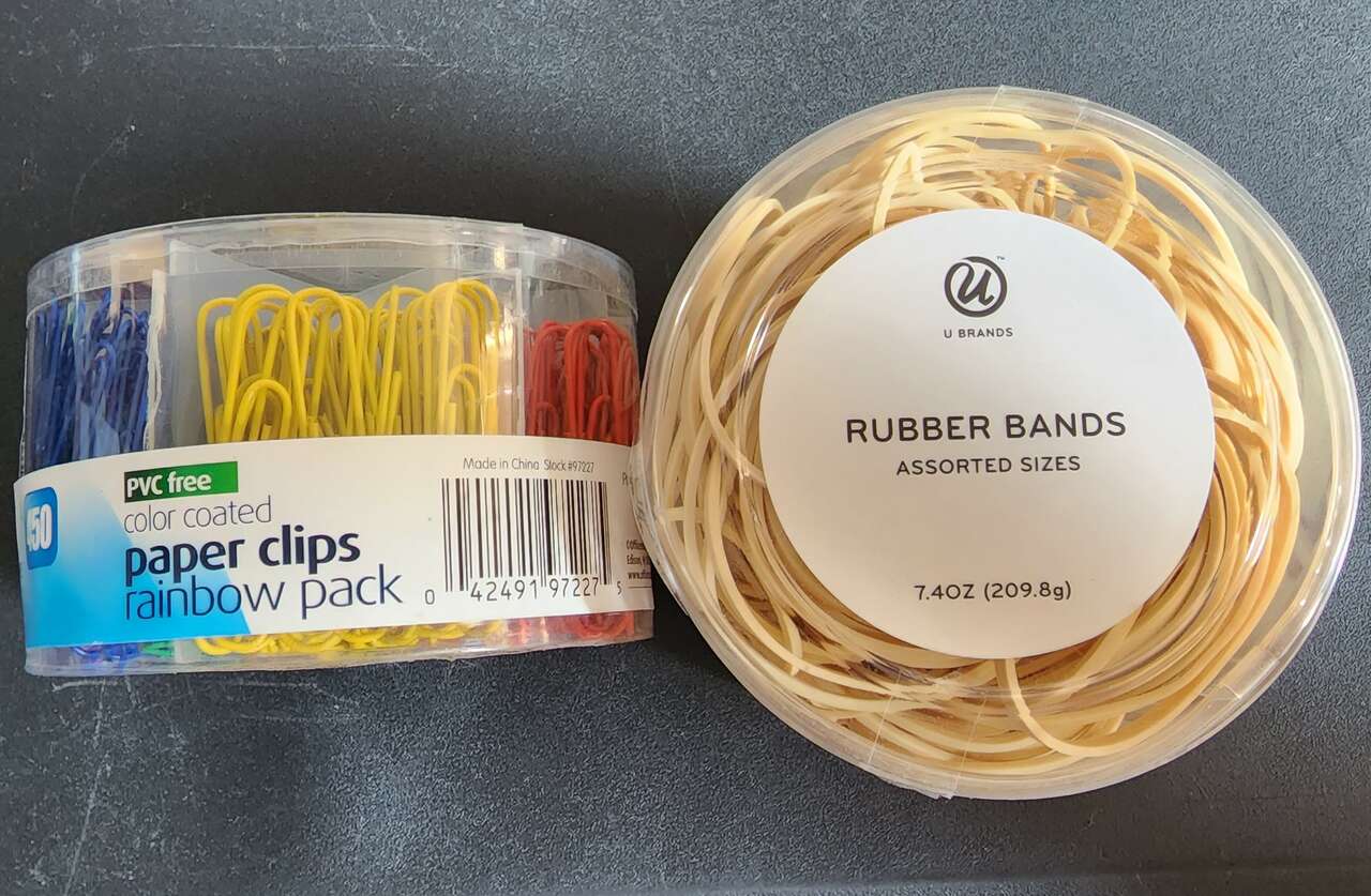 Multicolored Paper Clips and Package of Assorted Size Rubber Bands