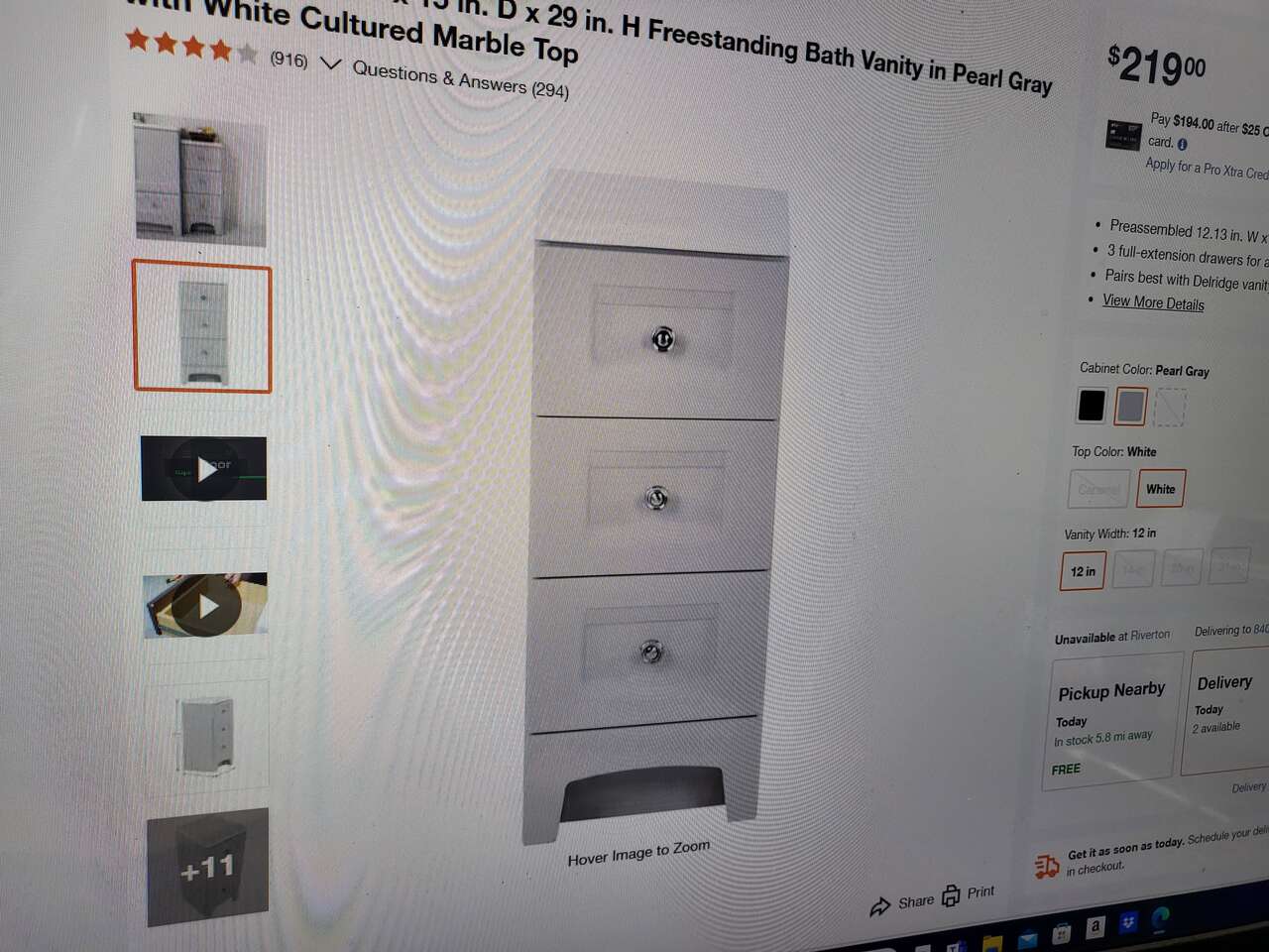 Delridge 12 in. W x 15 in. D x 29 in. H Freestanding Bath Vanity in Pearl Gray with White Cultured Marble Top