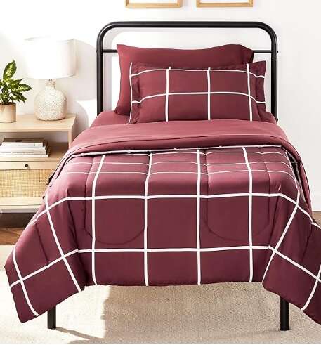 Amazon Basics Lightweight Microfiber Bed-in-a-Bag Comforter 5-Piece Bedding Set, Twin/Twin XL, Burgundy Simple Plaid