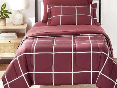 Amazon Basics Lightweight Microfiber Bed-in-a-Bag Comforter 5-Piece Bedding Set, Twin/Twin XL, Burgundy Simple Plaid