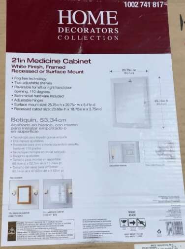 Home Decorators 21 in. x 25.75 in. White Medicine Cabinet With Mirror New