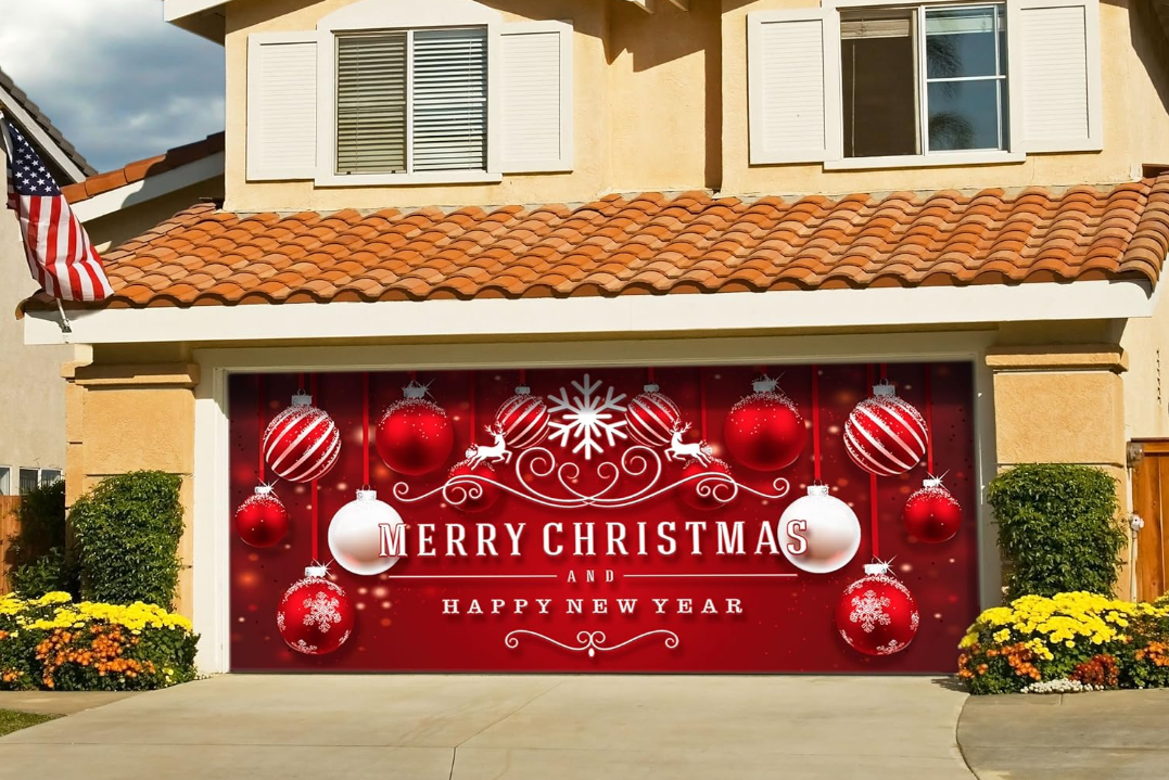 Christmas Red and White Ornaments on Red Holiday Garage Door Décor