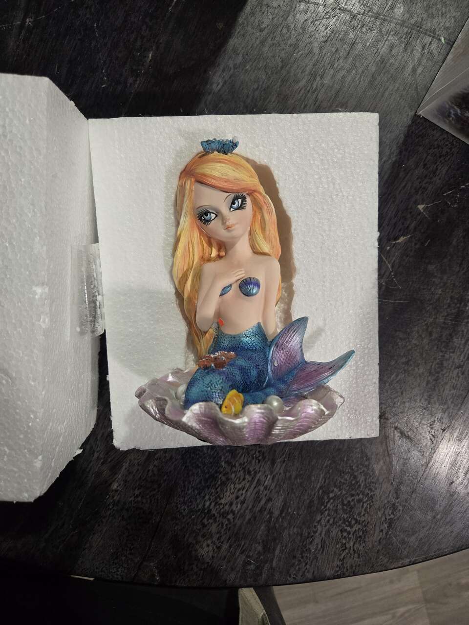 Blue Mermaid Figurine Strawberry Blond Hair Sitting In Shell