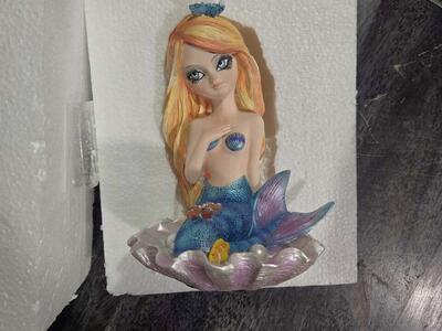 Blue Mermaid Figurine Strawberry Blond Hair Sitting In Shell