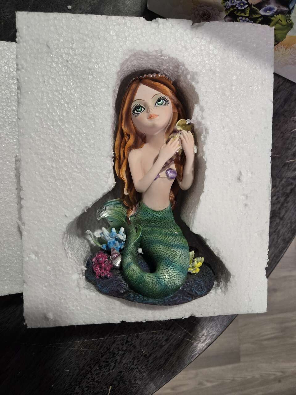 Anime Mermaid with Coral Holding Conch Shell Statue Figurine