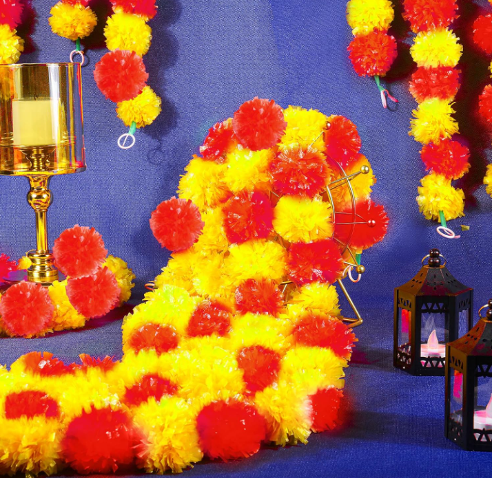 Hotop 100 Pcs Marigold Garland for Decoration 5 Feet Long Strands (Yellow, Rose Red)