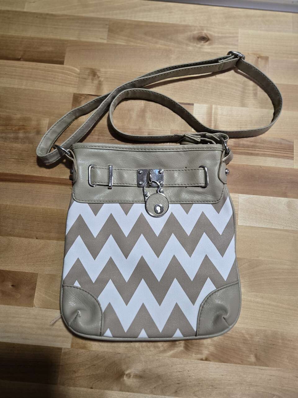 Small Purse Crossbody White Gold Chevron Faux Leather