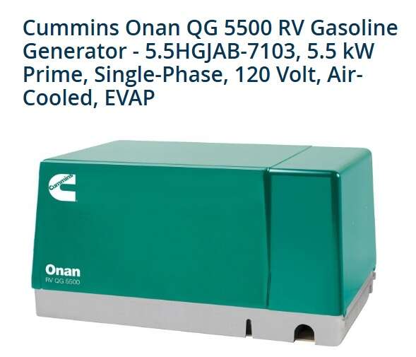 Cummins Onan QG 5500 RV Gasoline Generator