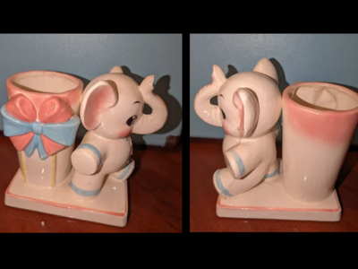 Vintage 50s 1950s Baby Elephant Vase Planter Trunk Up PINK & BLUE
