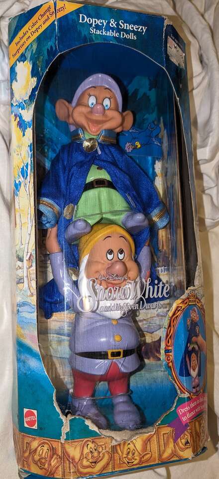 NIB 1992 Vintage Disney Snow White Dopey & Sneezy Stackable Dolls Mattel The Seven Dwarfs Color Change Surprises