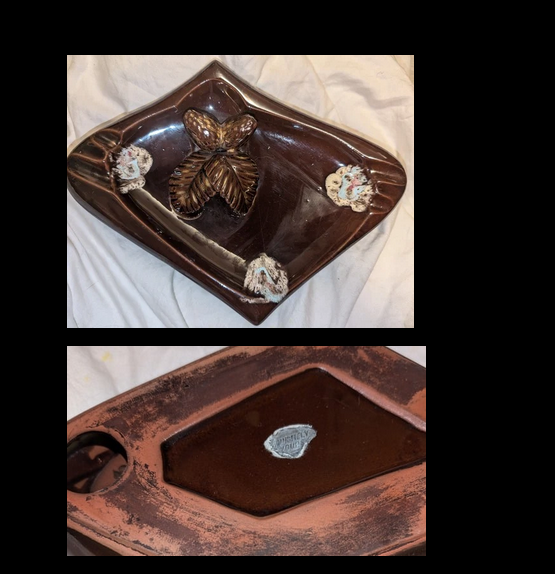 Vintage kitsch Mid Century leaf brown ceramic ashtray acorns with gold accents by Exquisitely Yours 11.5”