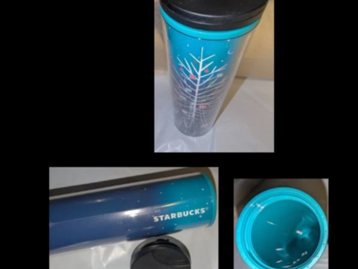Starbucks Tumbler slim line blue Christmas tree with swivel sip spout 16 oz