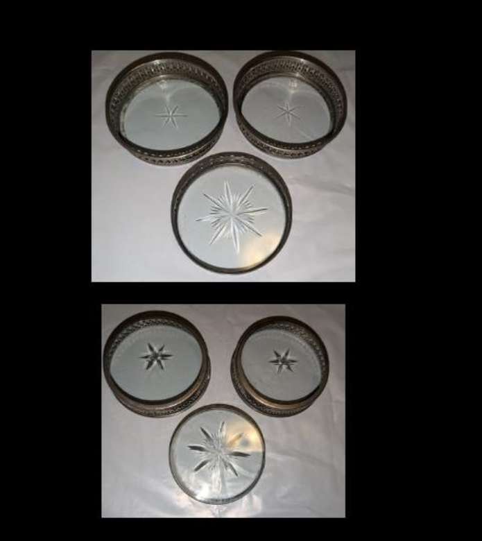 Vintage Coasters Lot of 3 Glass Bottom w/ Etched Star - Round w/ Metal Sides
