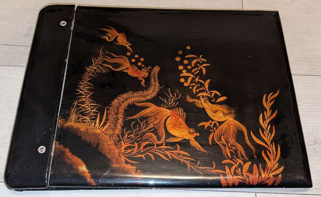 KOI FISH Asian Wood Hand Painted PHOTO ALBUM 11.5x15.5  Vintage Antique