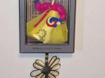 Vintage Korean Doll In Decorative Glass Front Shadowbox Wall Hanging Decoration 48"