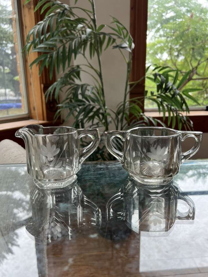 Vintage Crystal Flower Etched Sugar & Creamer Set