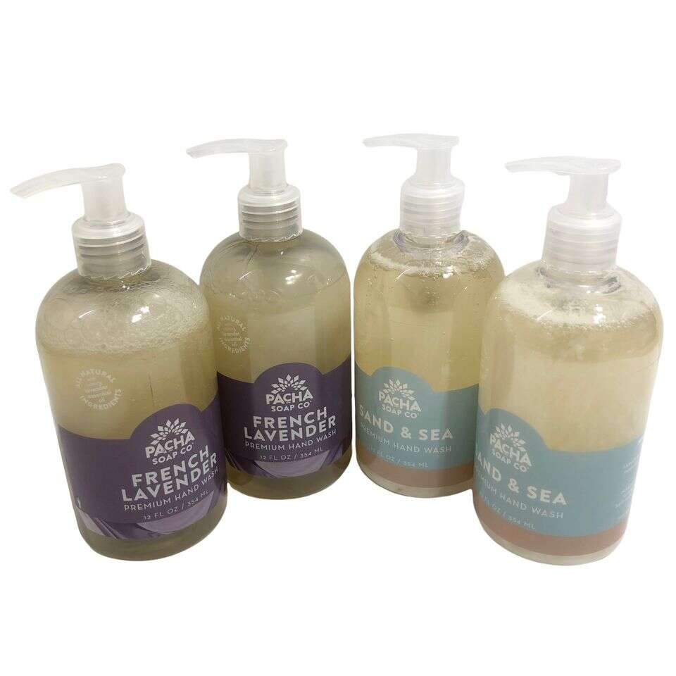 Lot 4 Pacha Soap Natural Liquid Castile Hand Soap 2 French Lavender 2 Sand & Sea