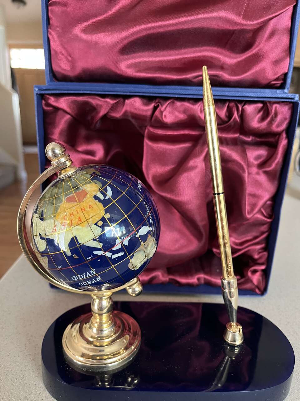 Gemstone Stone Globe & Brass Pen Desk Set