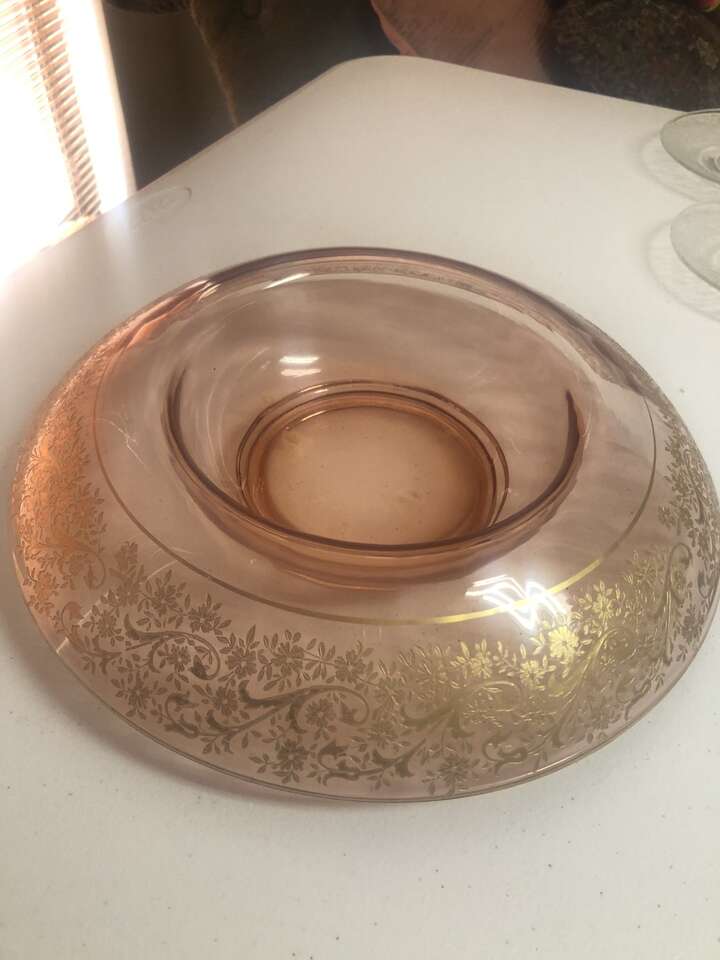 Depression/Elegant glass rose gold bowl.