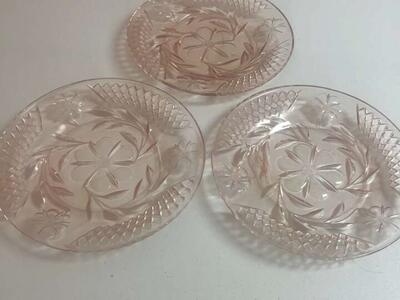 Depression glass pink plates. Lot of three.