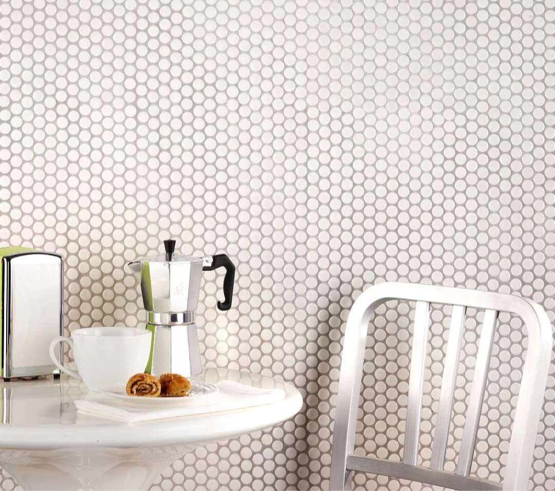 blanco glossy penny round mosaico