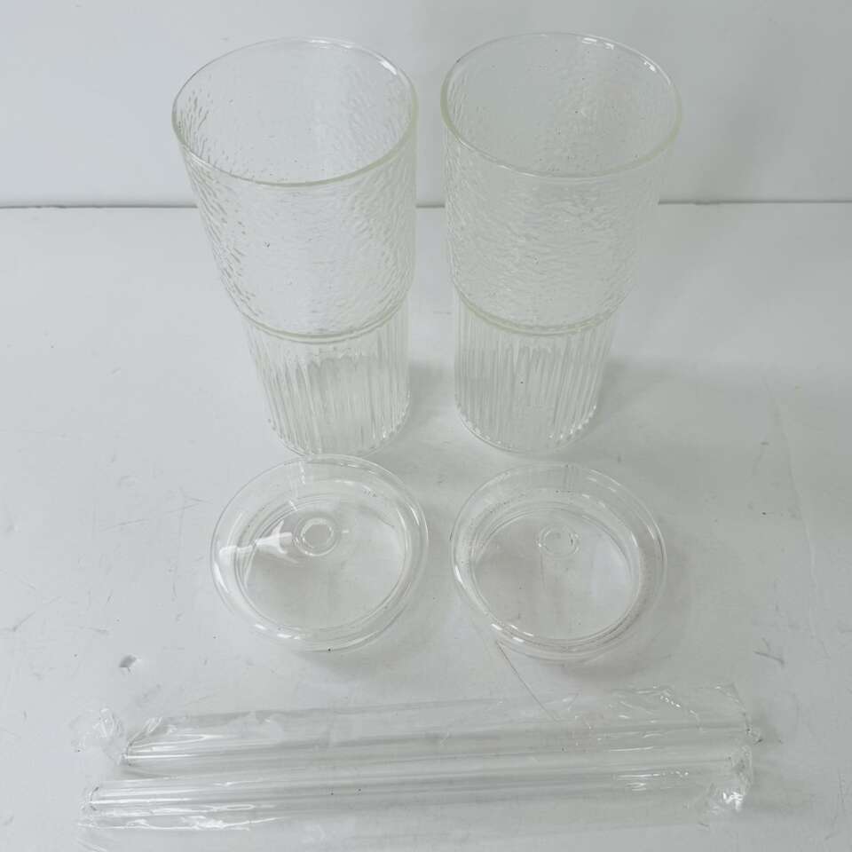 Glass Cup Tumblers w/ Glass Lids and Straws