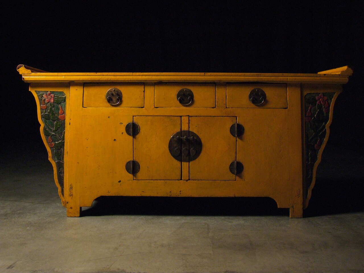 Antique Chinese Yellow Winged Sideboard Buffet Server