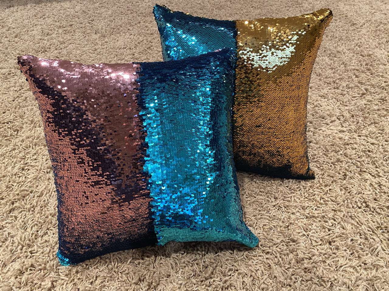 Two sequin mermaid throw pillows