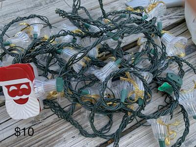 Christmas lights, table cloths, decorations, cards, scrapbook