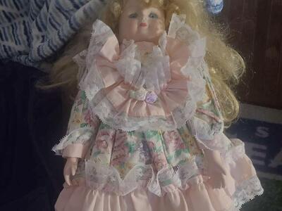 Porcelain Doll -Pink Floral Dress-16 inch