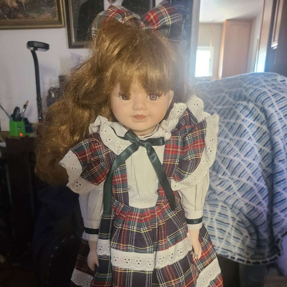 Porcelain Doll-Red Blue Green Plaid Dress