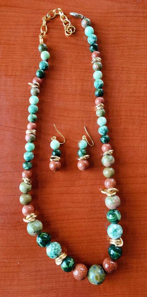 Gold Stone Veracite Jade Jasper Necklace & Earring