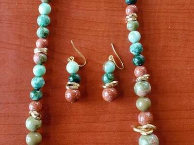 Gold Stone Veracite Jade Jasper Necklace & Earring
