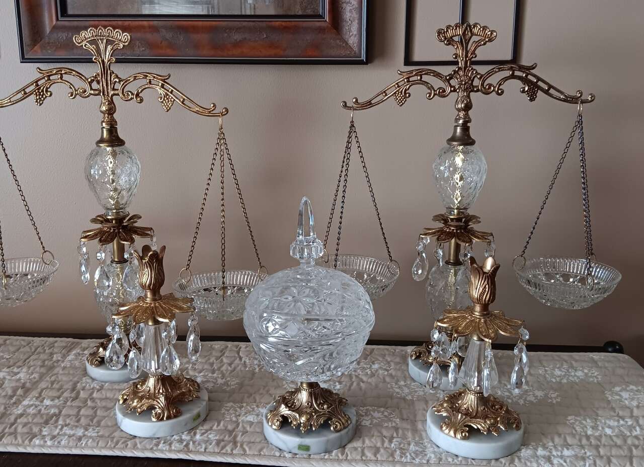 Scales of Justice Candy dish and candlesticks.