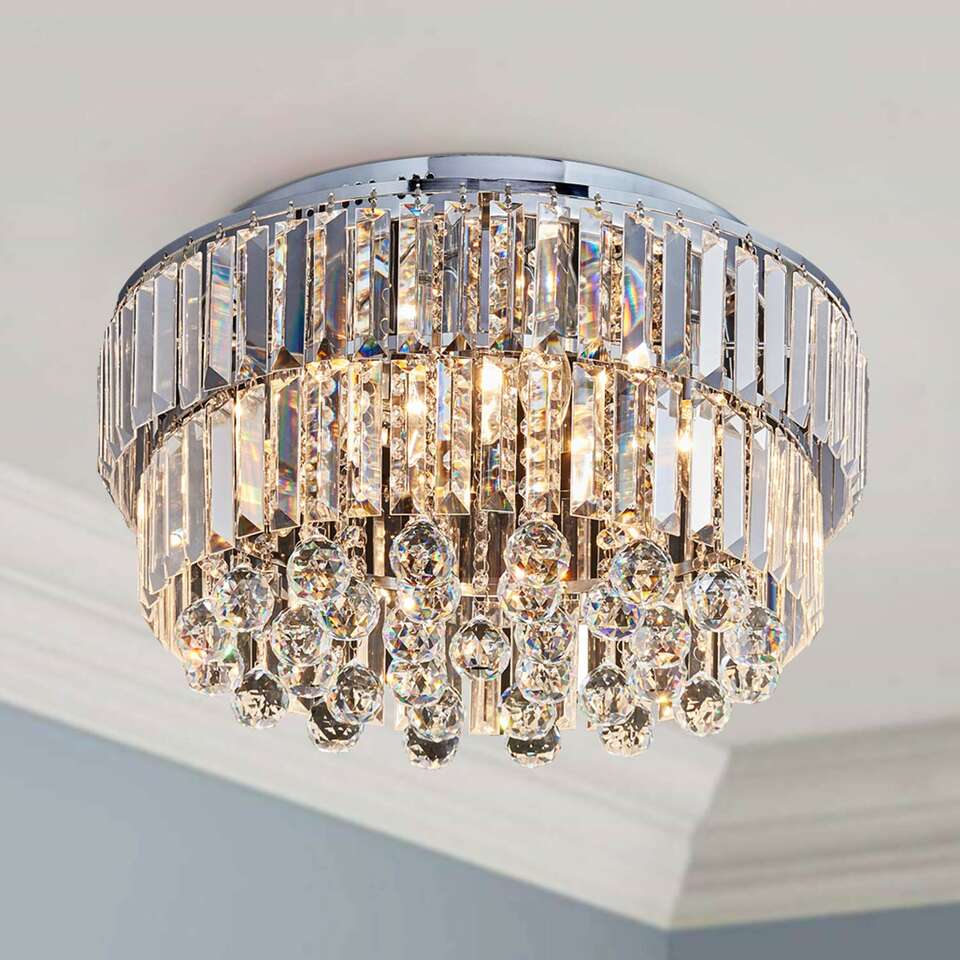 NEW 6 LIGHT CHROME CRYSTAL FLUSHMOUNT CHANDELIER