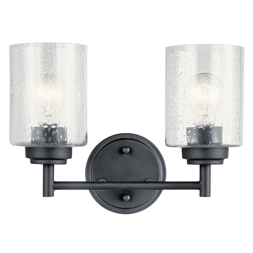 NEW KICHLER WINSLOW BLACK 2 LIGHT CLEAR SEEDED GLASS VANITY LIGHT (RETAILS: $104.99)