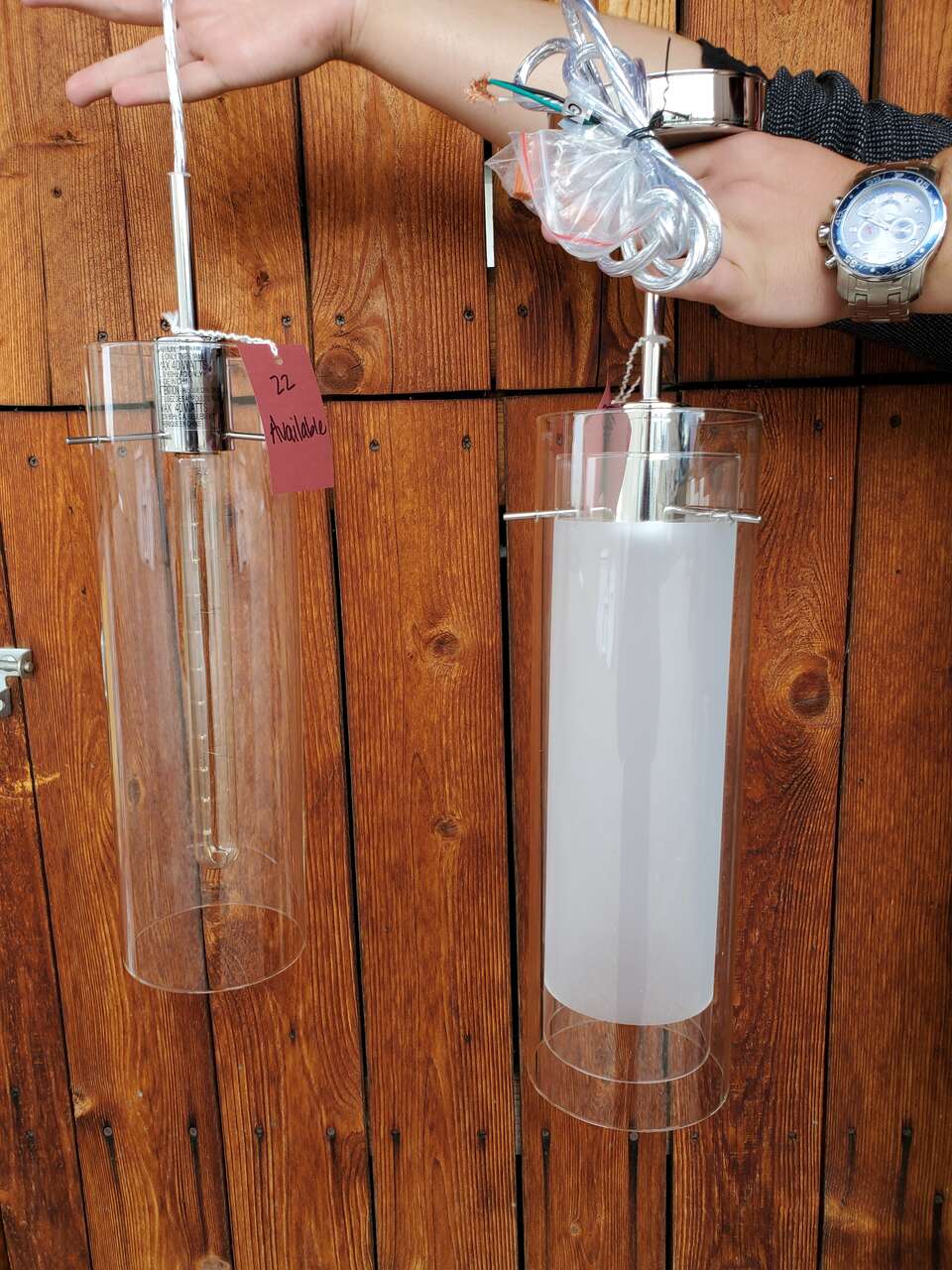 NEW CHROME OR BLACK TALL GLASS PENDANT LIGHT (5 AVAILABLE)