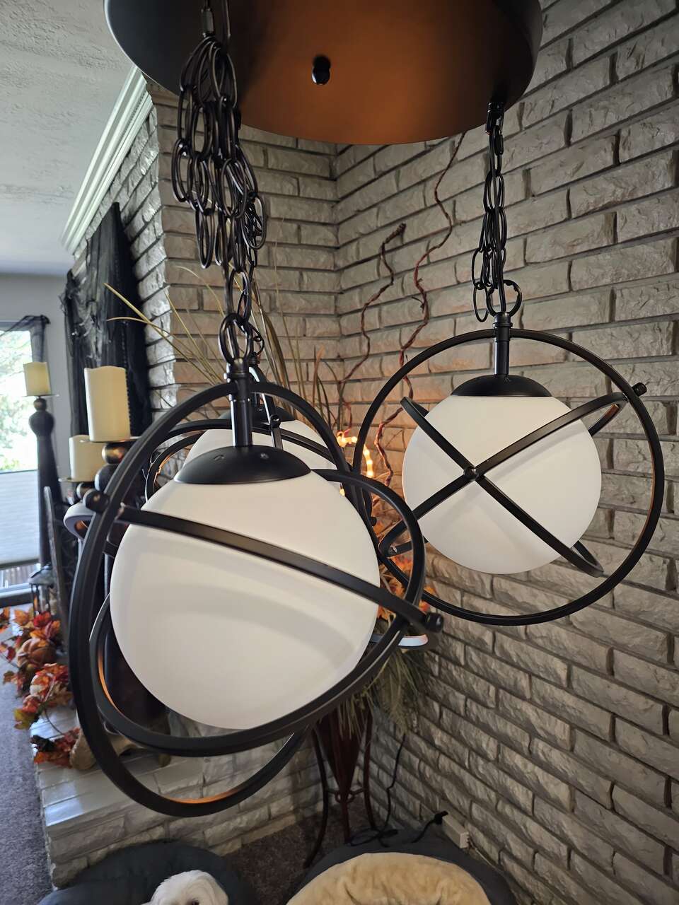 NEW 3 LIGHT BLACK ADJUSTABLE WHITE GLASS CHANDELIER