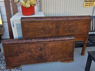 ANTIQUE ART DECO WOODEN FULL HEADBOARD AND FOOTBOARD WITH SIDE RAILS