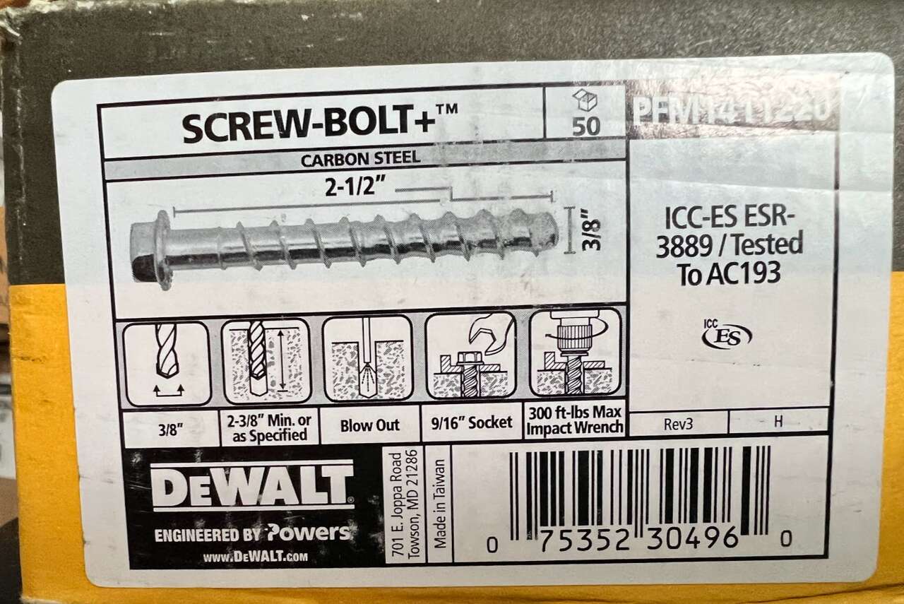 DEWALT PFM1411220 CARBON STEEL 2 1/2" x 3/8" Screw-Bolts (Box of 50) NEW