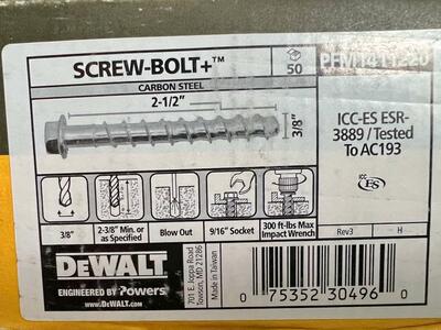 DEWALT PFM1411220 CARBON STEEL 2 1/2" x 3/8" Screw-Bolts (Box of 50) NEW