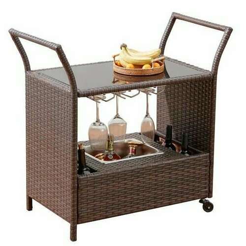 Outdoor Wicker Bar Cart,Rolling Patio Wine Cart with Ice Bucket,Glass COUNTERTOP