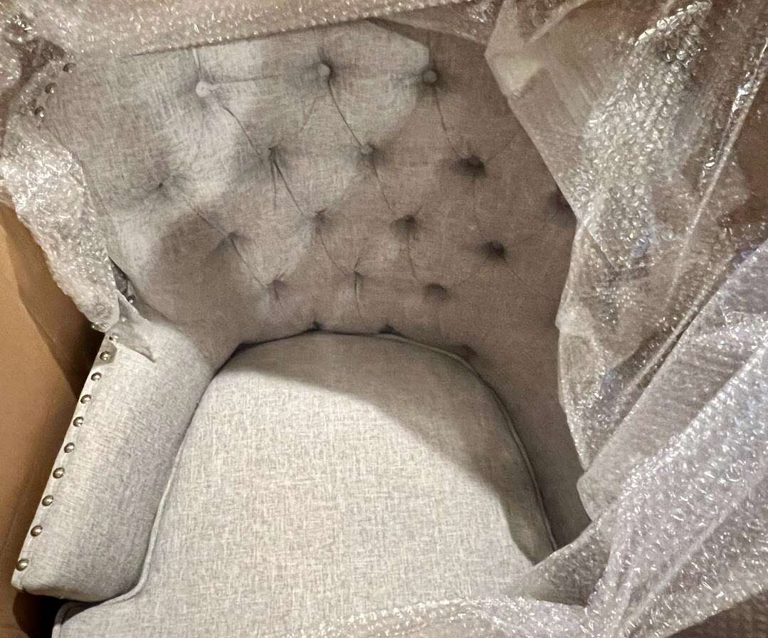 Bentley Button Tufted Accent Chair with Nailhead Trim, Gray-White/BRAND NEW