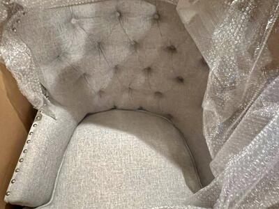 Bentley Button Tufted Accent Chair with Nailhead Trim, Gray-White/BRAND NEW