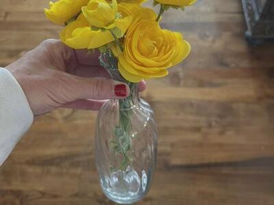 Vase with ranunculas fake yellow flowers 10”