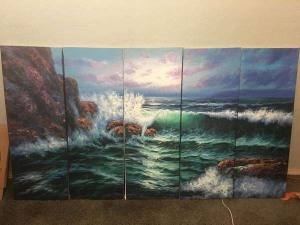 68 x 37 large oil painting of a the ocean with the waves breaking on the coast at sunset