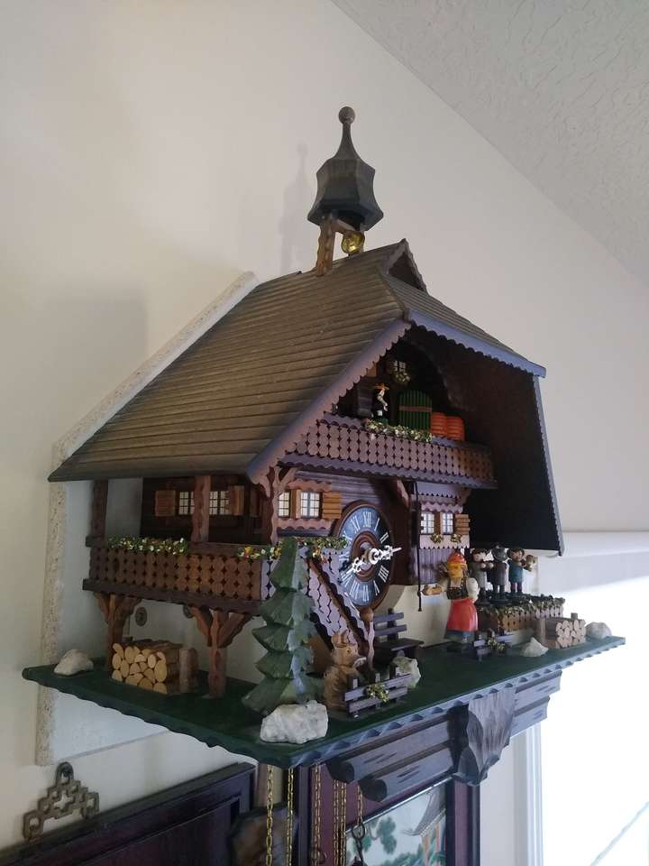 Huge Cuckoo Clock Black forest house, turning mill-wheel