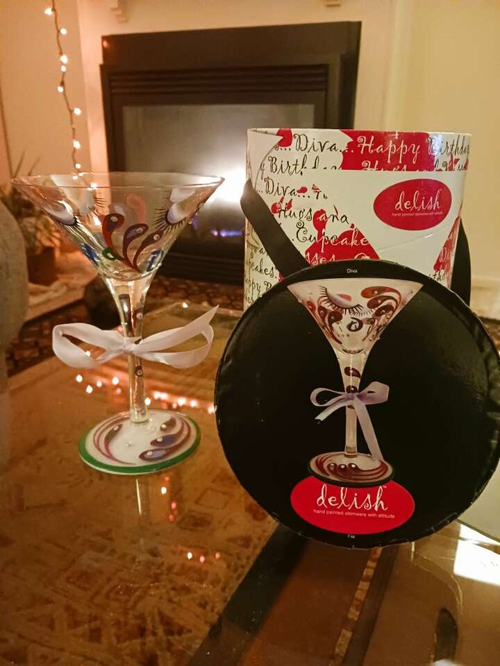 Delish Hand painted martini glass with box