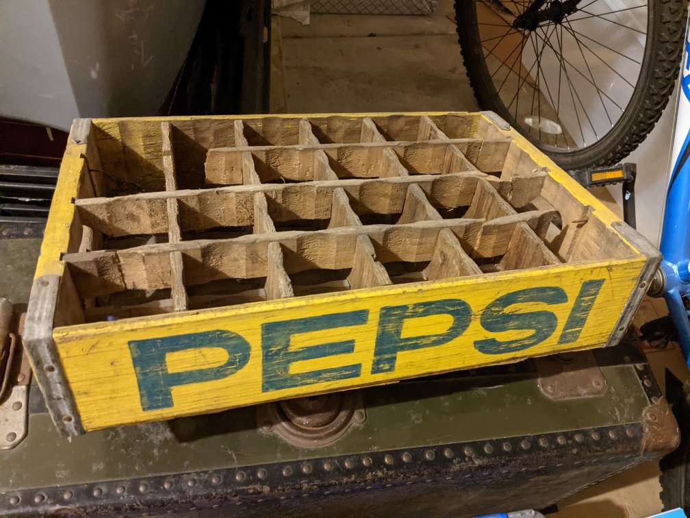 Vintage Yellow Pepsi Cola pop soda wooden glass crate