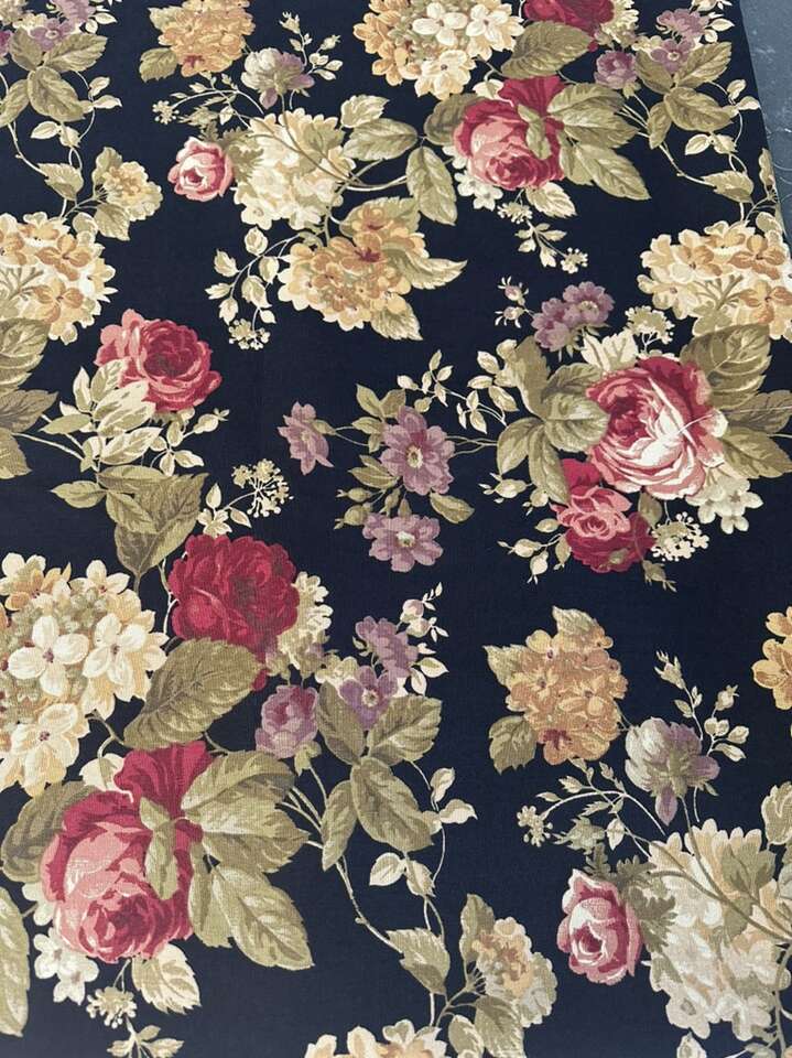 Cabbage Rose Floral On Black  3 Yards  Home Dec